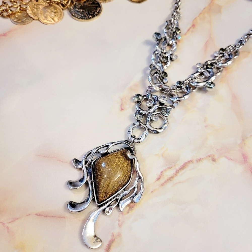 Vintage Bohemian Artisan Catseye Stone & Crystal Silver Statement Necklace - Picture 10 of 14